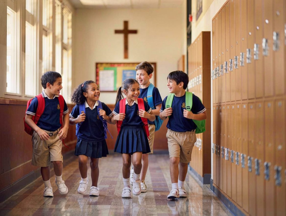 Students in a Denver church school hallway